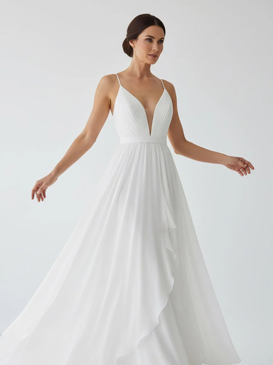 A Line V Neck Straps Spaghetti Sheath Chiffon Wedding Dress