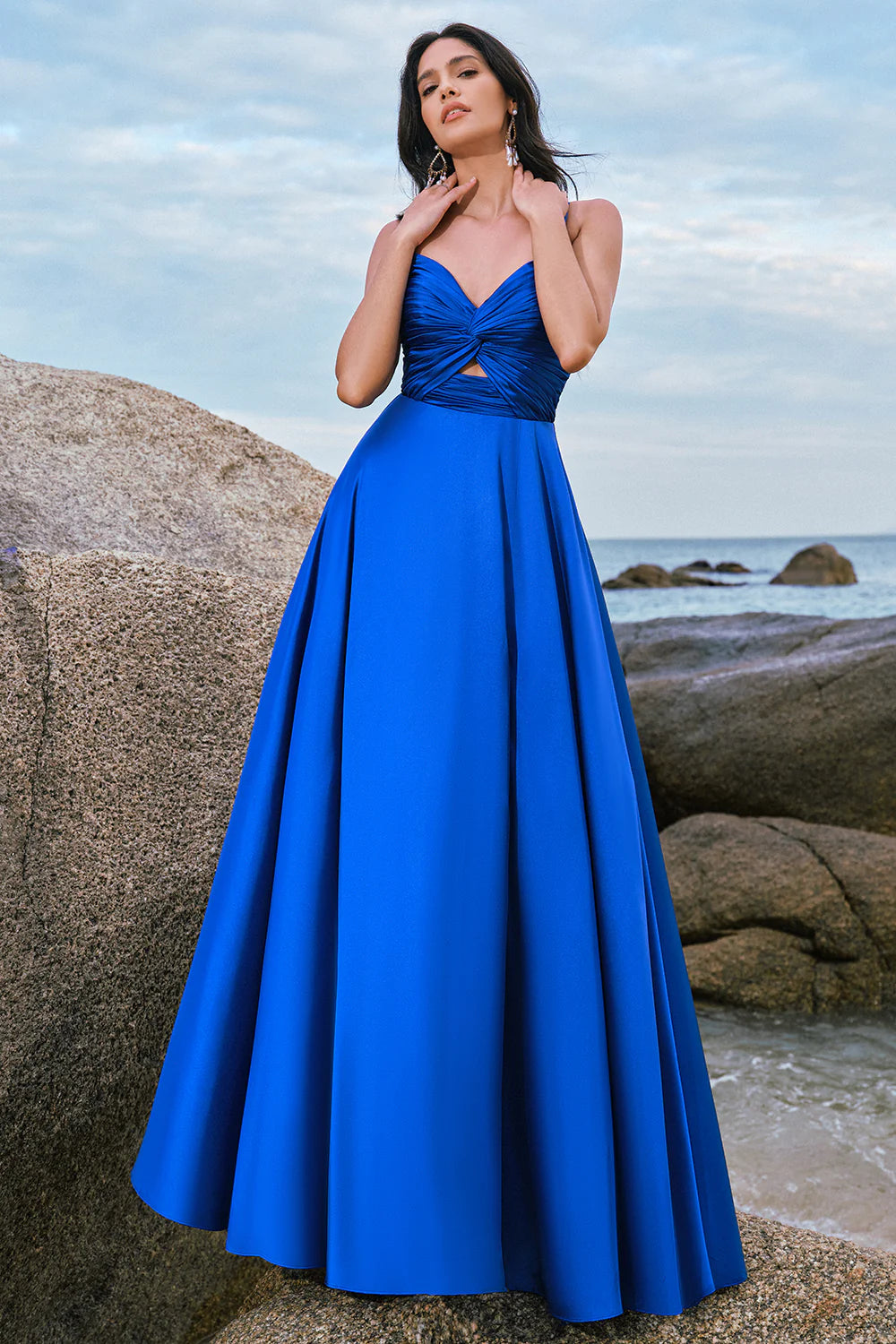 Ink Blue A Line Keyhole Satin Pleated Long Bridesmaid Dress with Slit