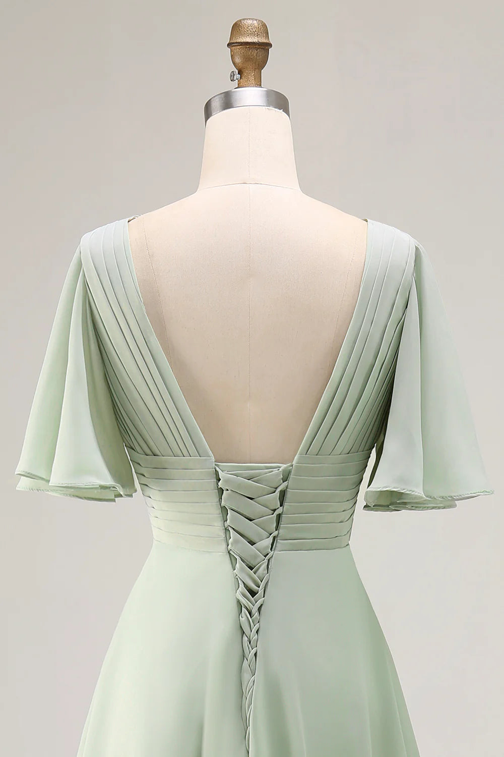 Sage Green A Line Chiffon Pleated High Low Bridesmaid Dress with Short Sleeves