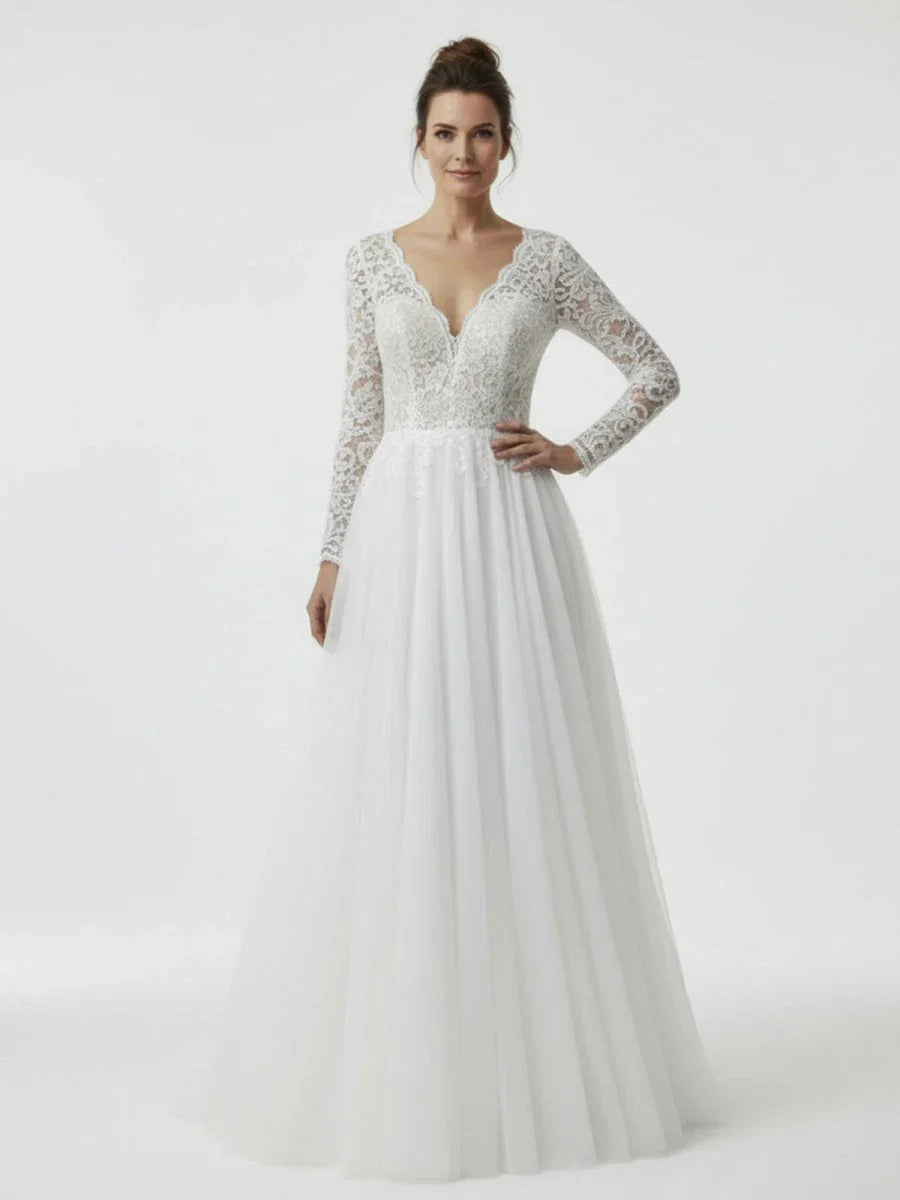 Bohemian Long Sleeves Lace Button Back A Line Modest Wedding Dresses