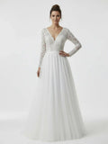 Bohemian Long Sleeves Lace Button Back A Line Modest Wedding Dresses
