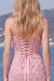Sparkly Pink Strapless Bodycon Homecoming Dress with Lace up Back