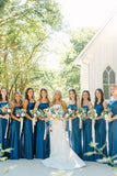 Simple Mermaid Spaghetti Straps Blue Long Bridesmaid Dresses with Bow Back