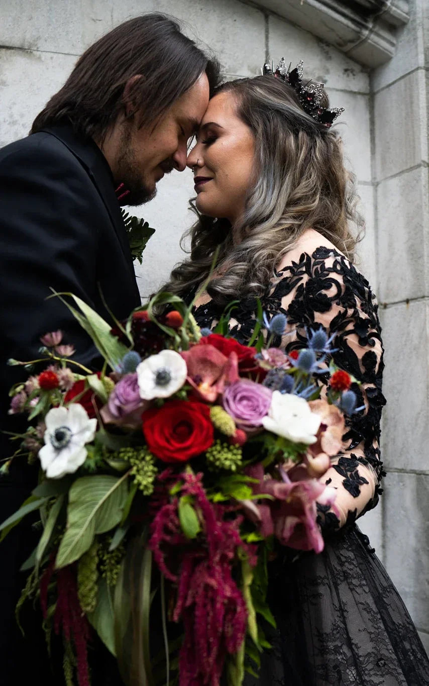 Modern Gothic Boho Lace Black Wedding Dress Vintage Unique A Line Long Sleeve Bridal Gown with Court Train