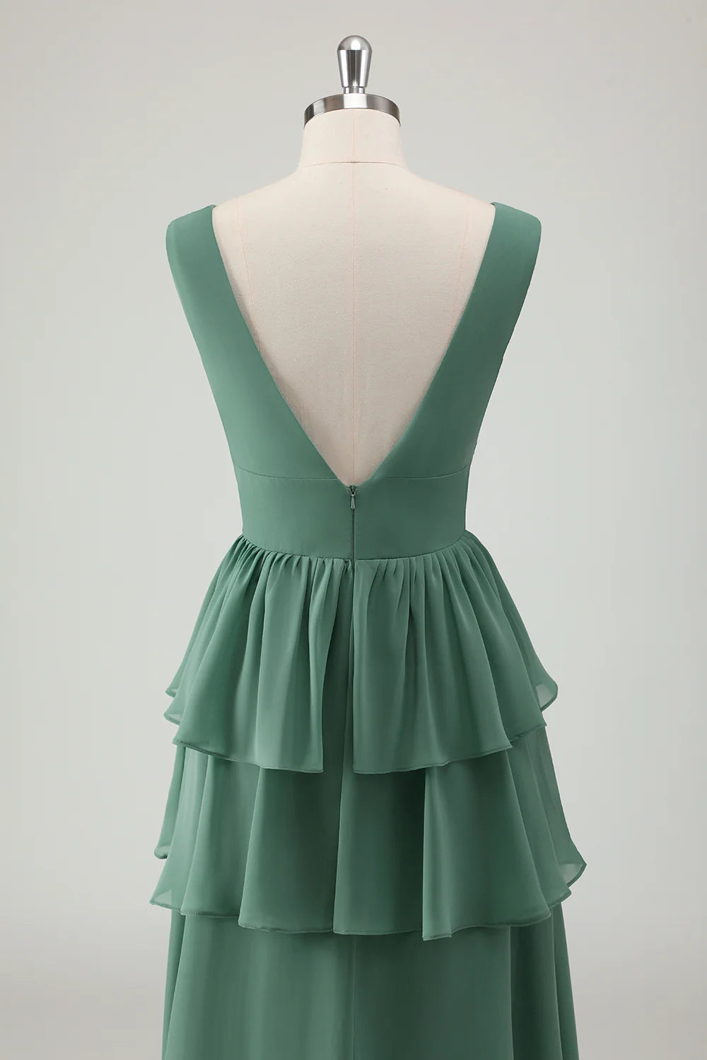 Eucalyptus A Line V Neck Tiered Long Bridesmaid Dress with Ruffles