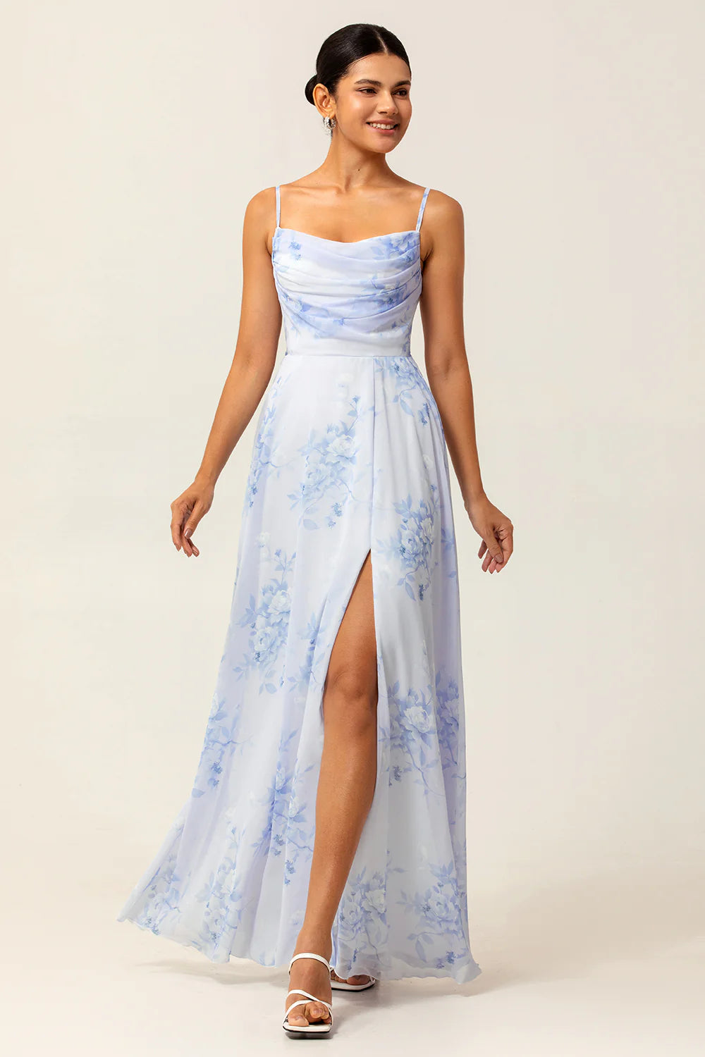 Blue A Line Spaghetti Straps Print Floral Chiffon Maxi Bridesmaid Dress with Slit