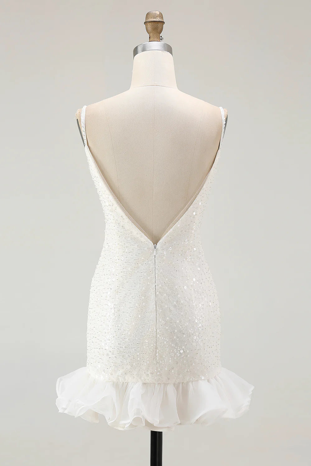 Sparkly White V Neck Sequins Mini Graduation Dress With Ruffles