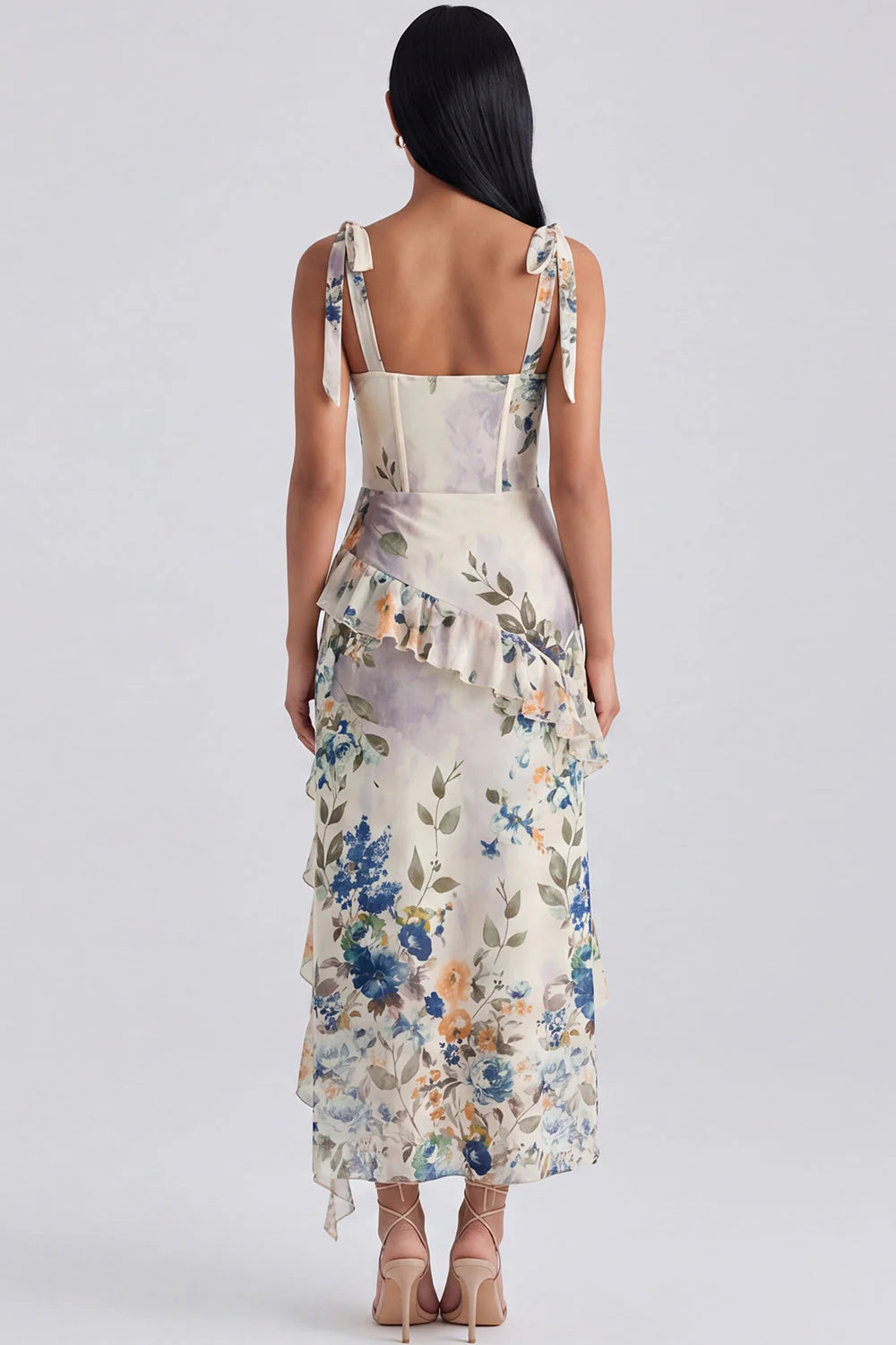 Black Ruffled Floral Corset Midi Wedding Guest Dress