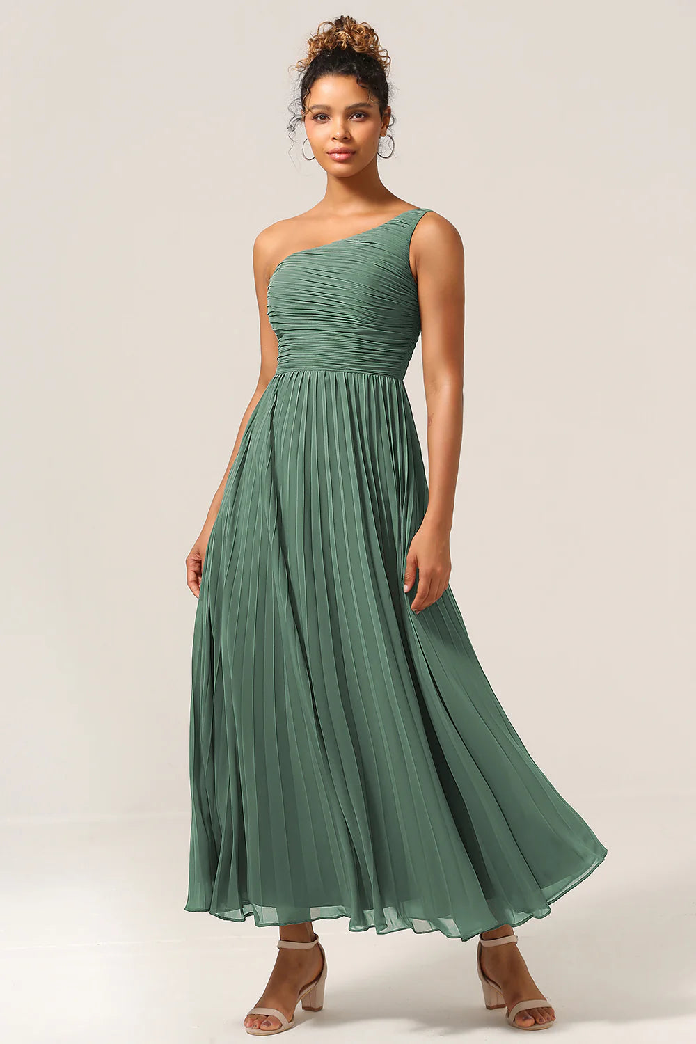 Eucalyptus A Line One Shoulder Ruched Chiffon Plus Size Bridesmaid Dress