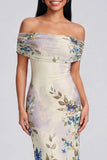Off the Shoulder Ivory Sheath Floral Wedding Guest Dress
