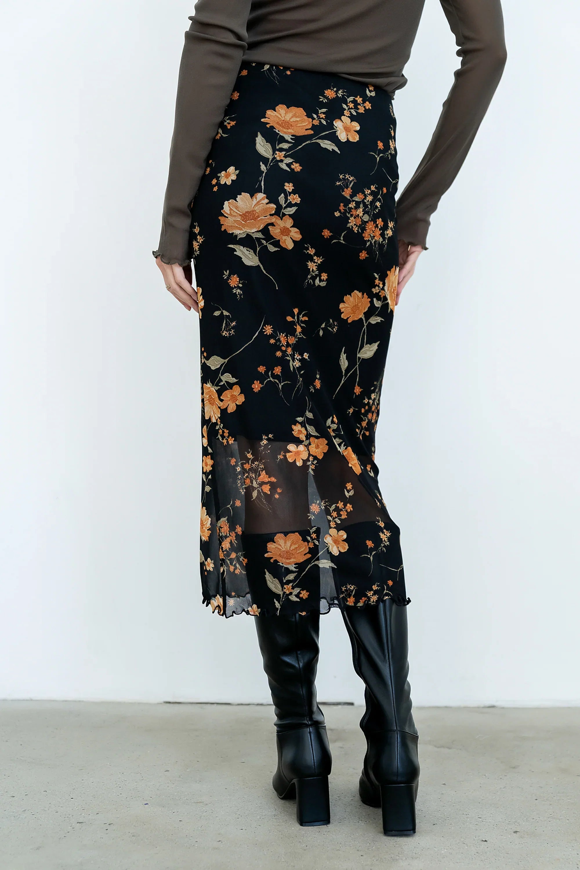 Carly Mesh Midi Skirt in Black