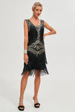 Black Gatsby Flapper Dress with Sequins and Fringes
