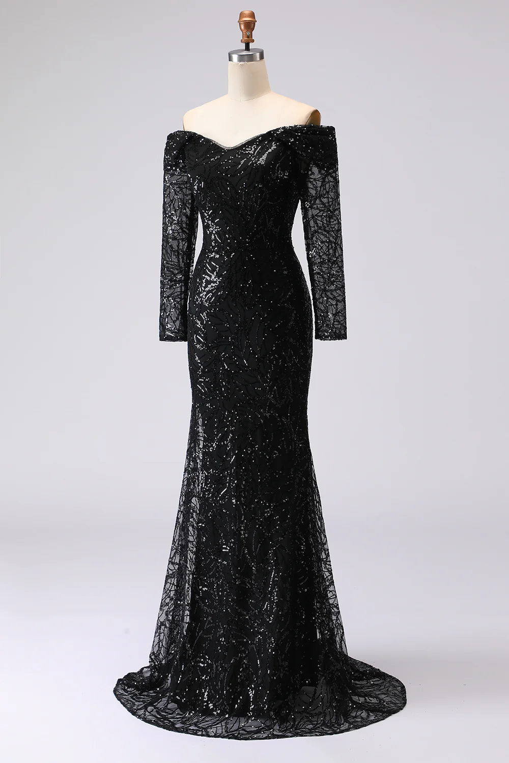 Off The Shoulder Black Sheath Mesh Lace Formal Dress