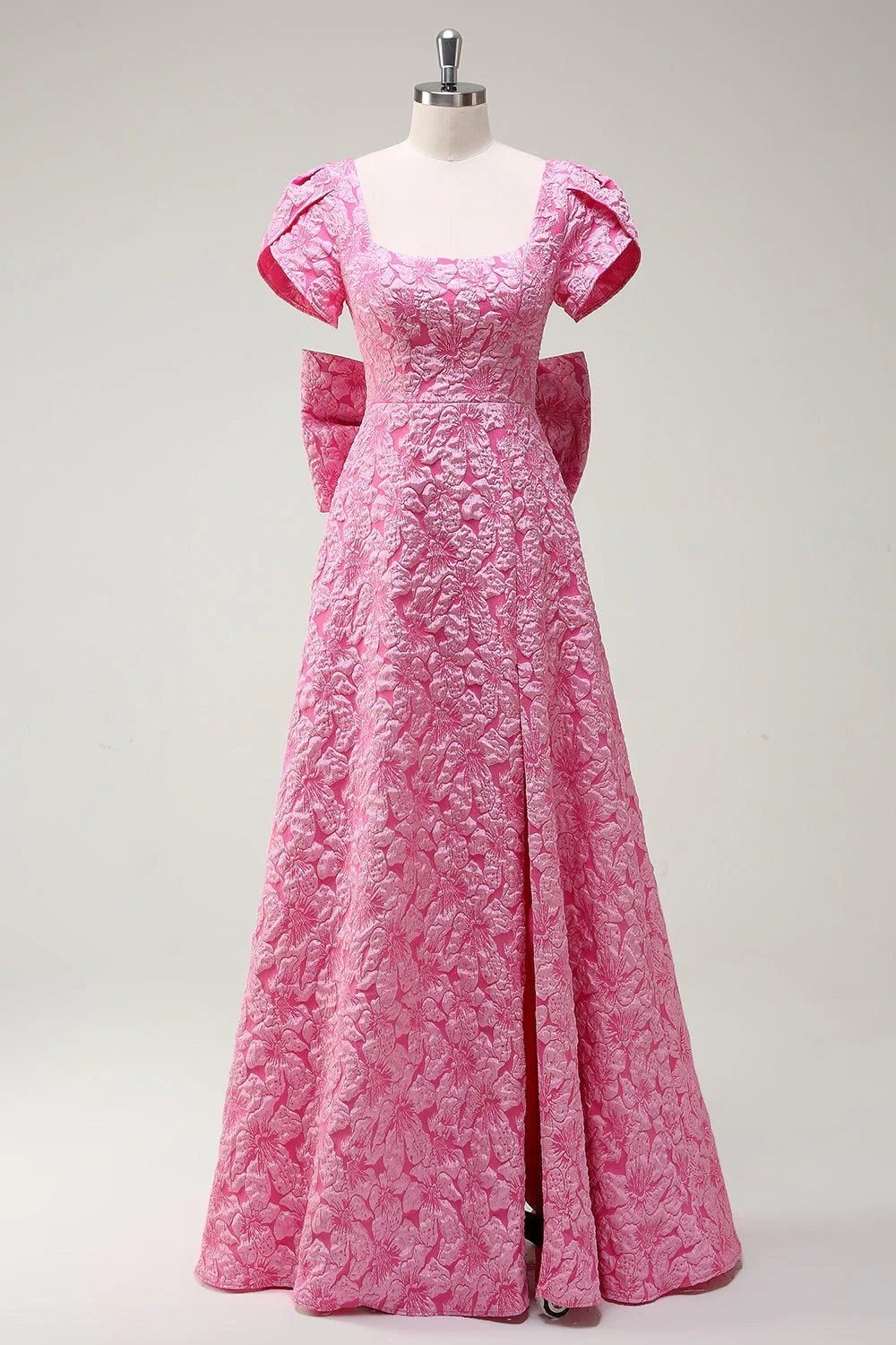 Fuchsia A Line Square Neck Bow Back Brocade Floral Maxi Prom Dress with Slit