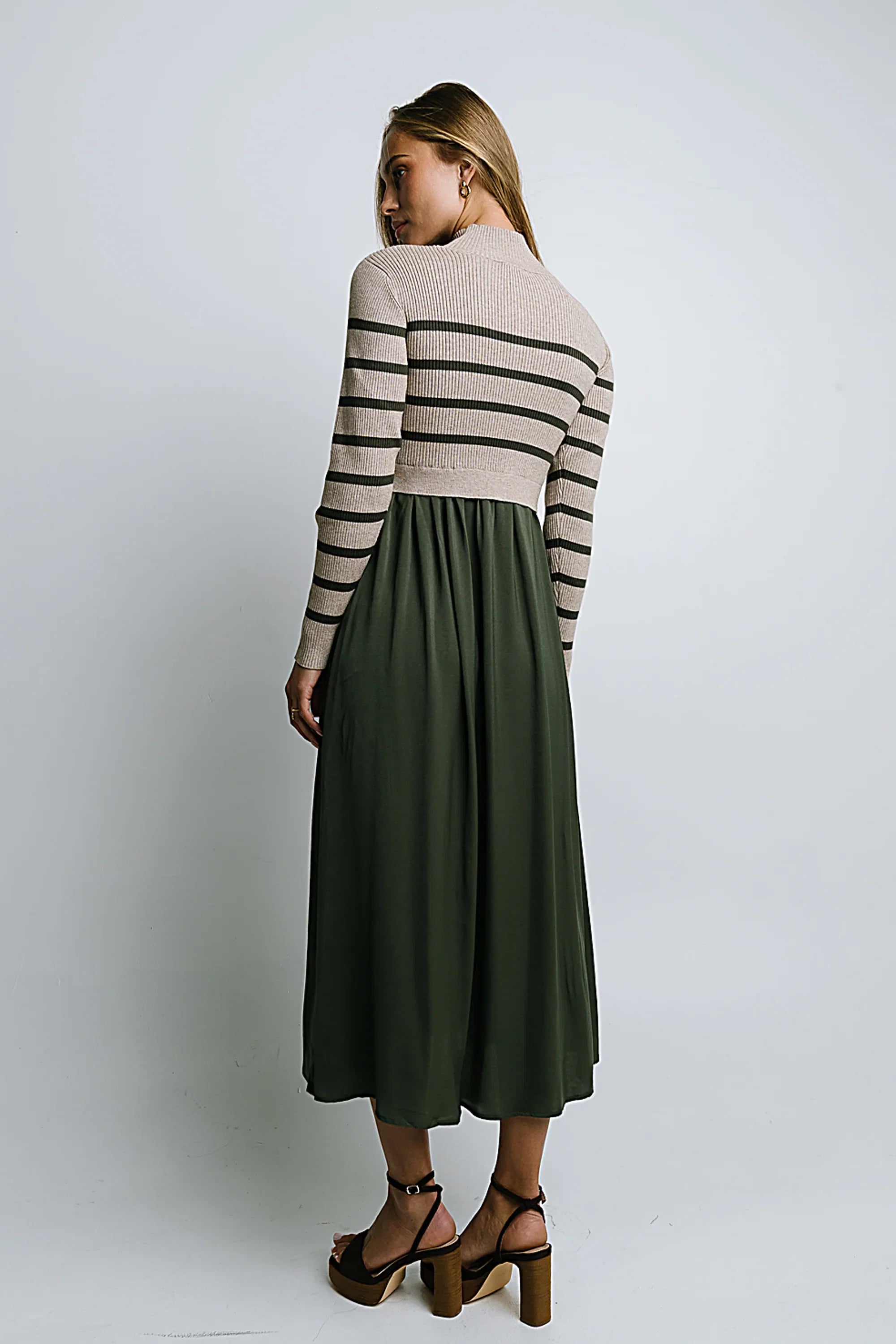 Zeda Midi Dress in Olive Stripe