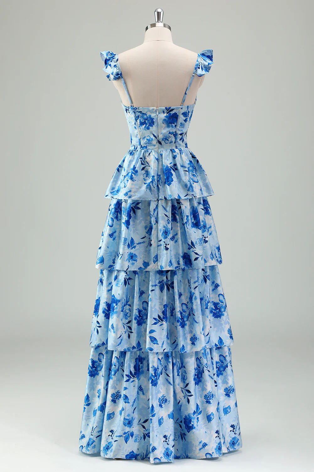 Blue Flower A Line Corset Tiered Print Long Bridesmaid Dress with Ruffles