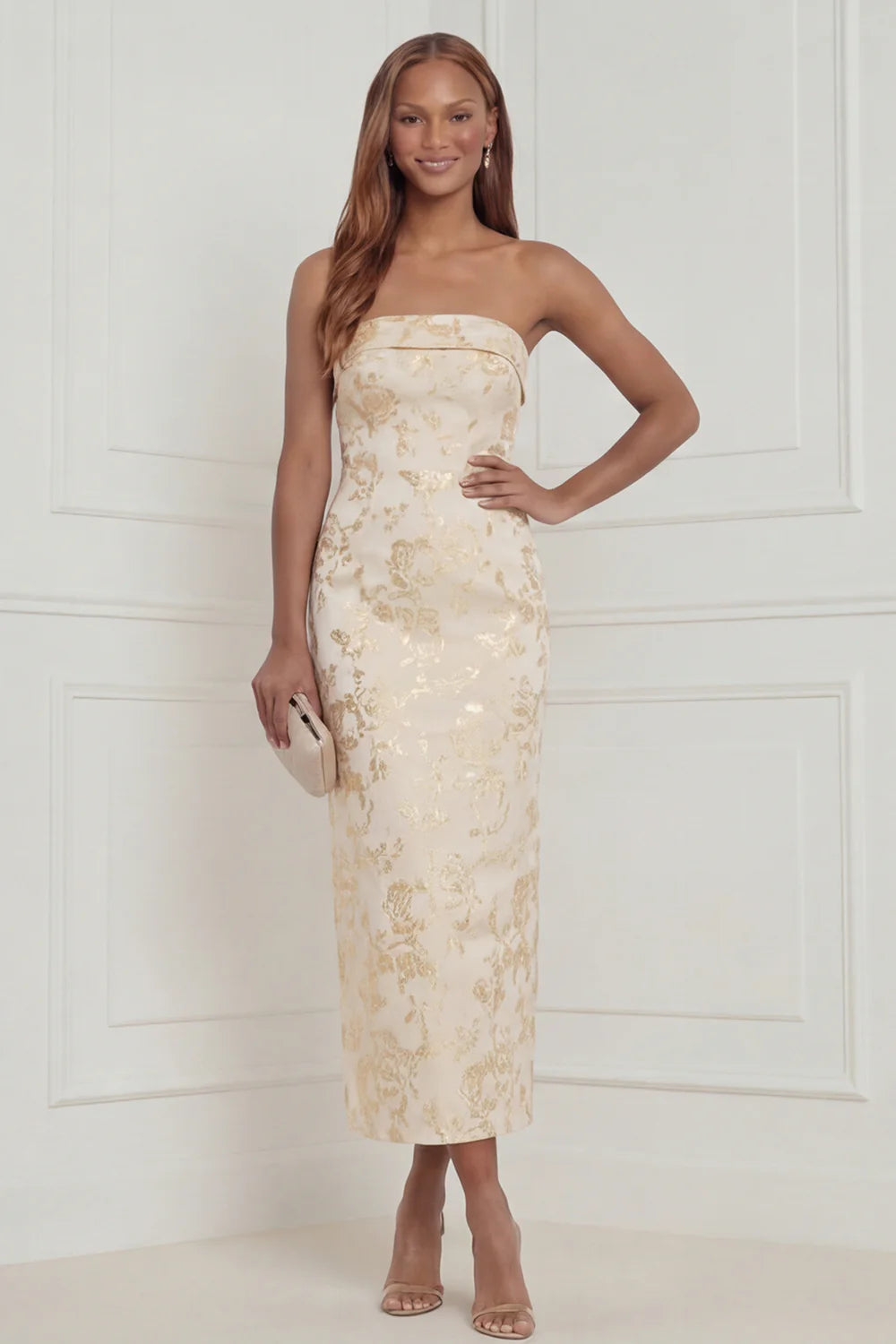 Sky Blue Sheath Strapless Jacquard Midi Wedding Guest Dress