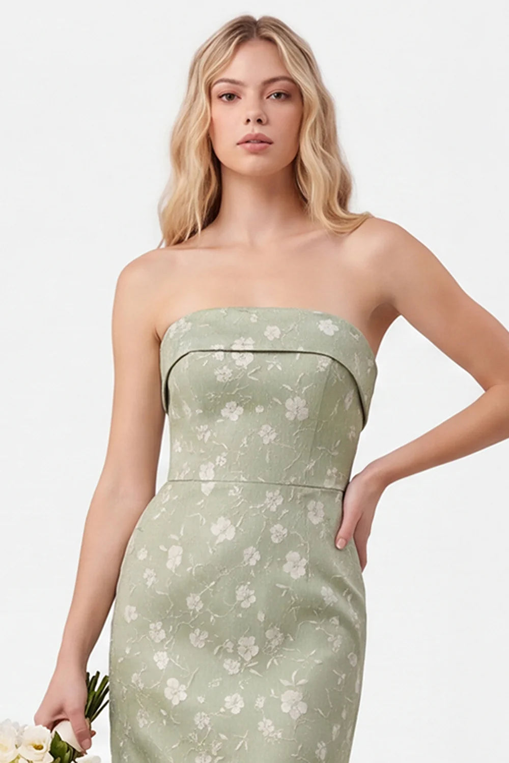 Strapless Mermaid Sage Floral Jacquard Bridesmaid Dress