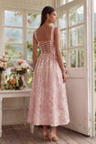 Blush Floral A Line Square Neck Brocade Midi Wedding Guest Dress