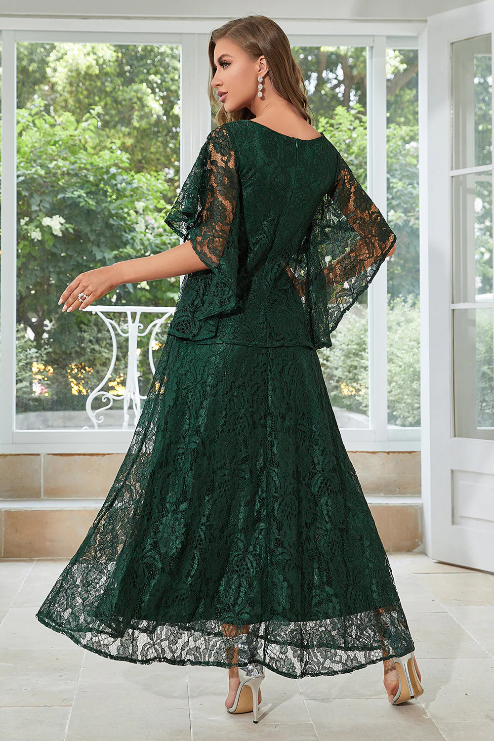 Elegant A Line Round Neck Floor Length Lace Dusty Rose Evening Dress