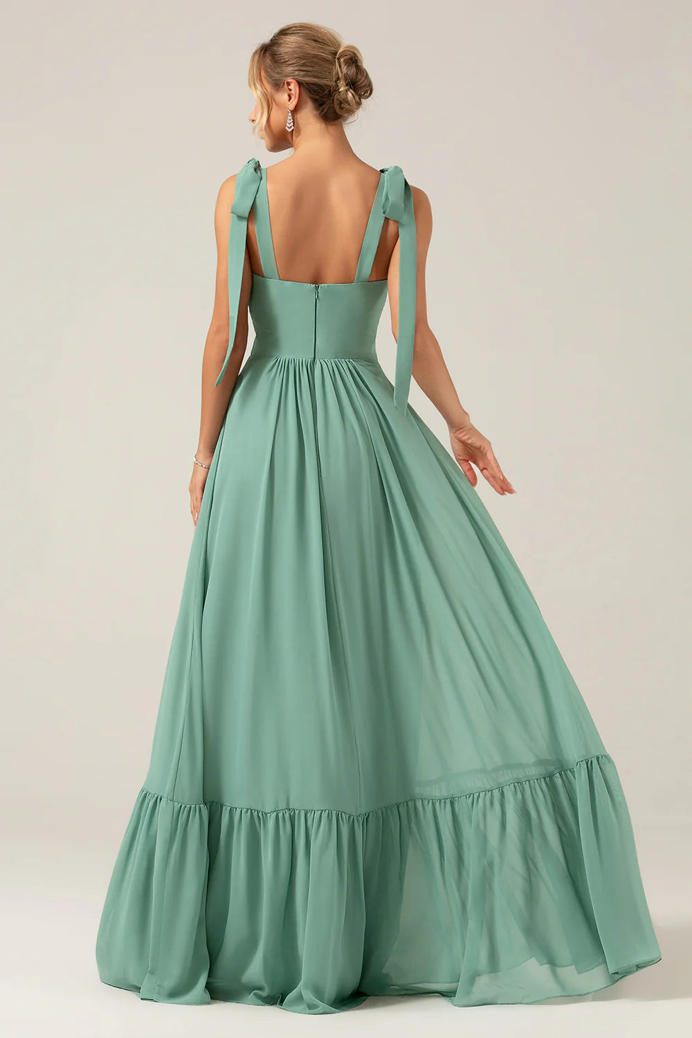 A Line Spaghetti Straps Pleated Floor Length Eucalyptus Bridesmaid Dress