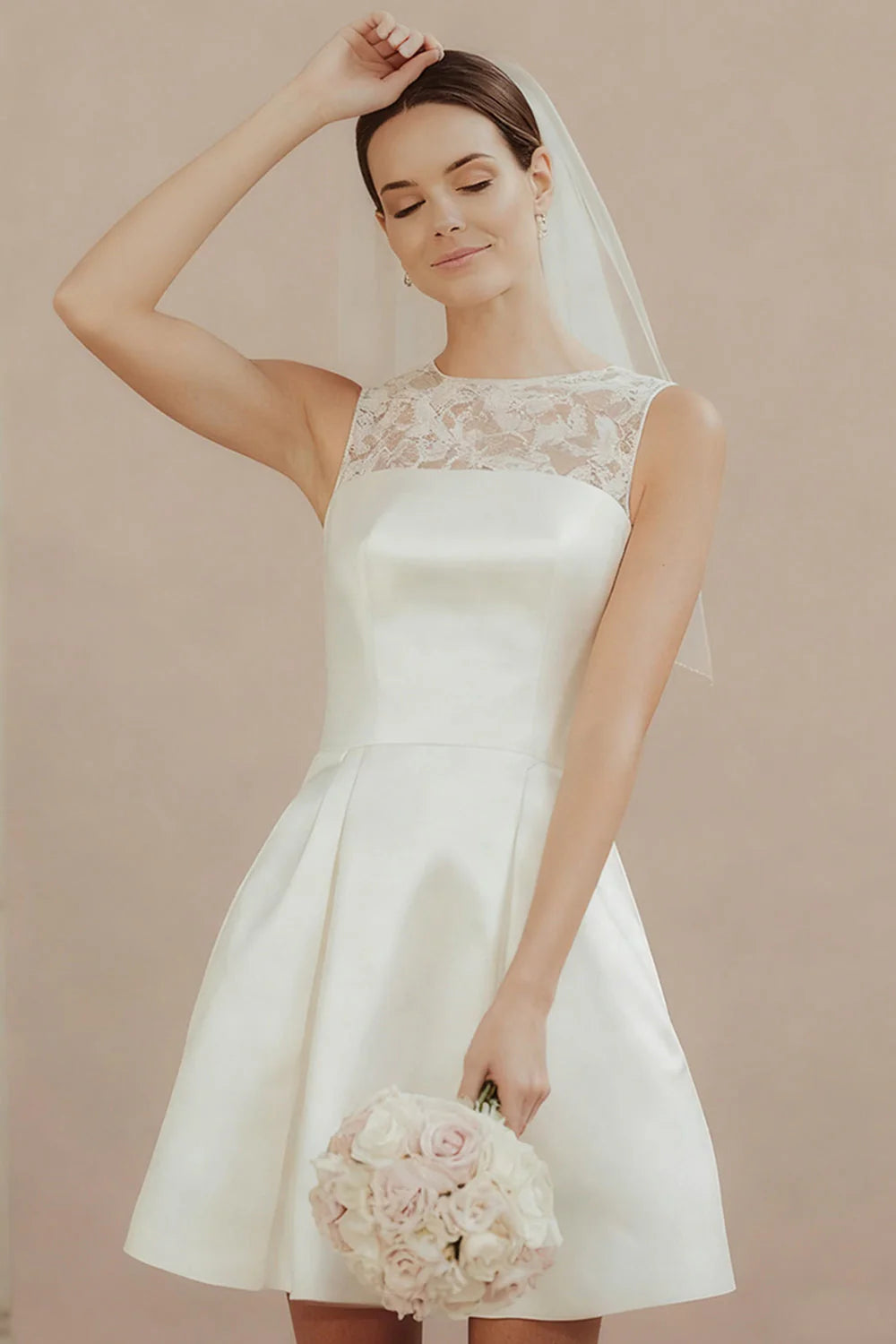 White Satin A Line Mini Bridal Shower Dress with Lace