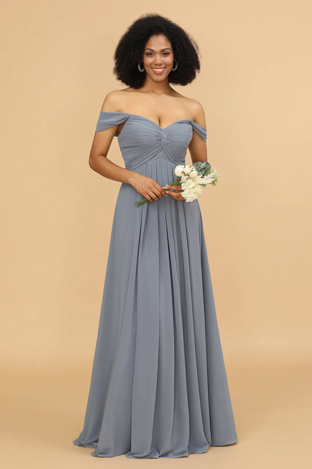 Grey Blue A Line Off the Shoulder Long Chiffon Bridesmaid Dress