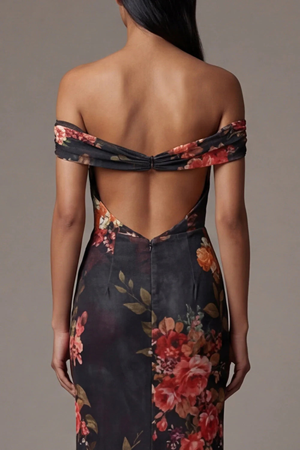 Black Floral Off the Shoulder Cut Out Mermaid Formal Dress