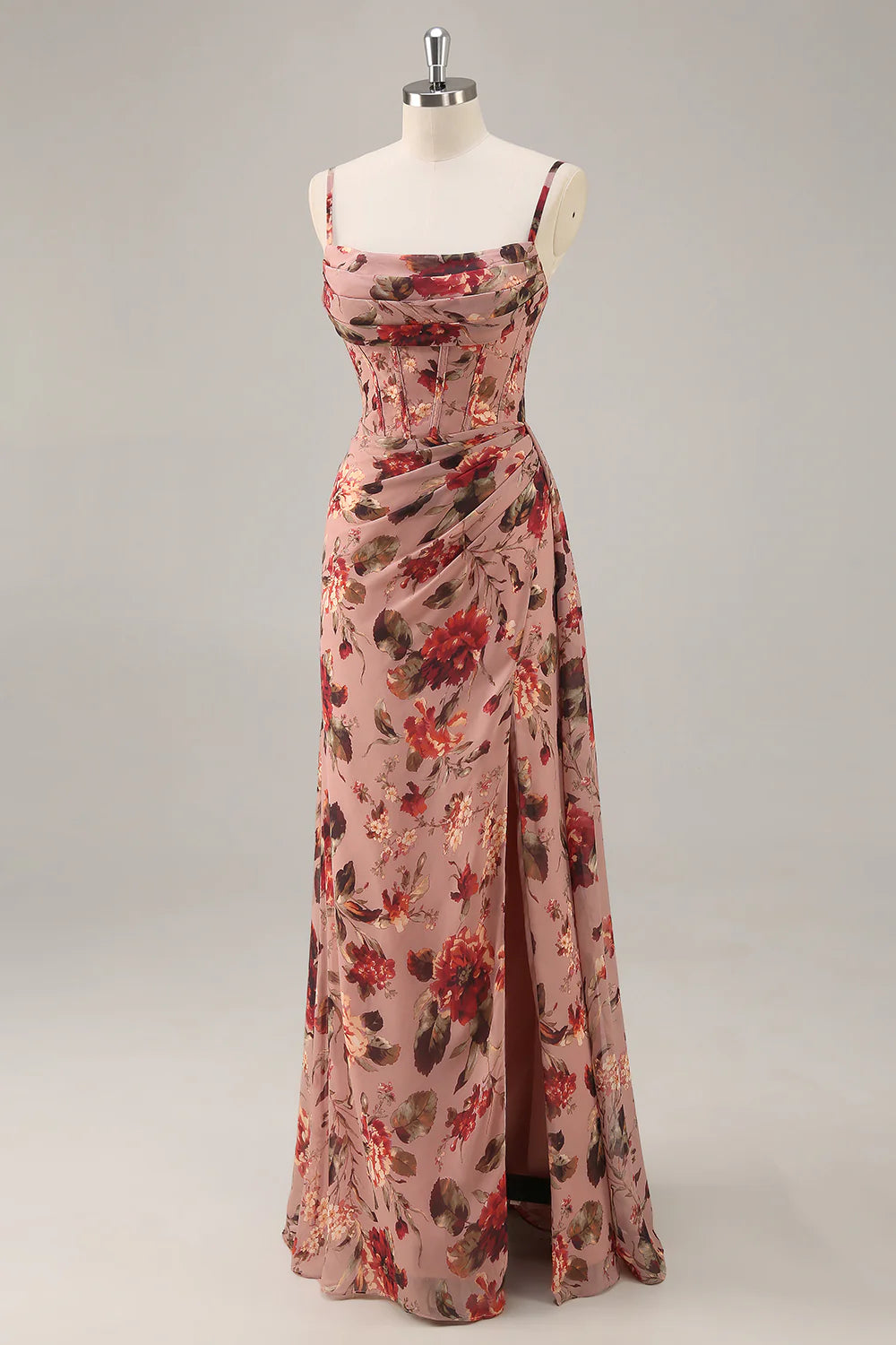 Dusty Rose Flower Spaghetti Straps Corset Ruched Long Bridesmaid Dress with Slit