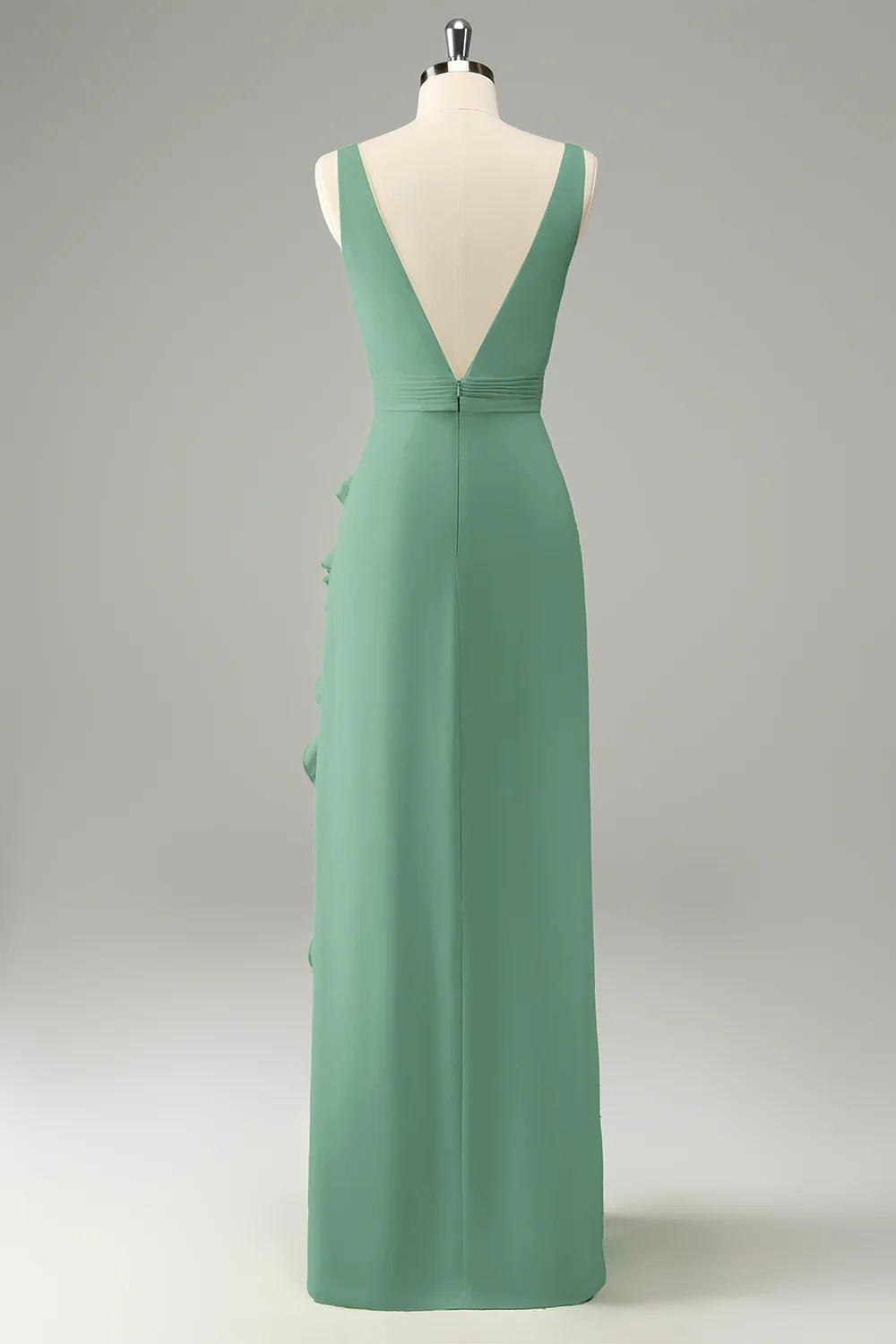 Lime A Line V Neck Floral Ruffle Open Back Bridesmaid Dress with Slit
