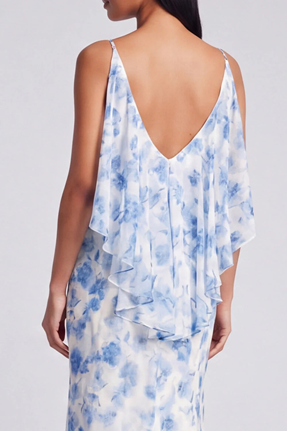 Light Blue Floral Spaghetti Straps Mermaid Maxi Dress