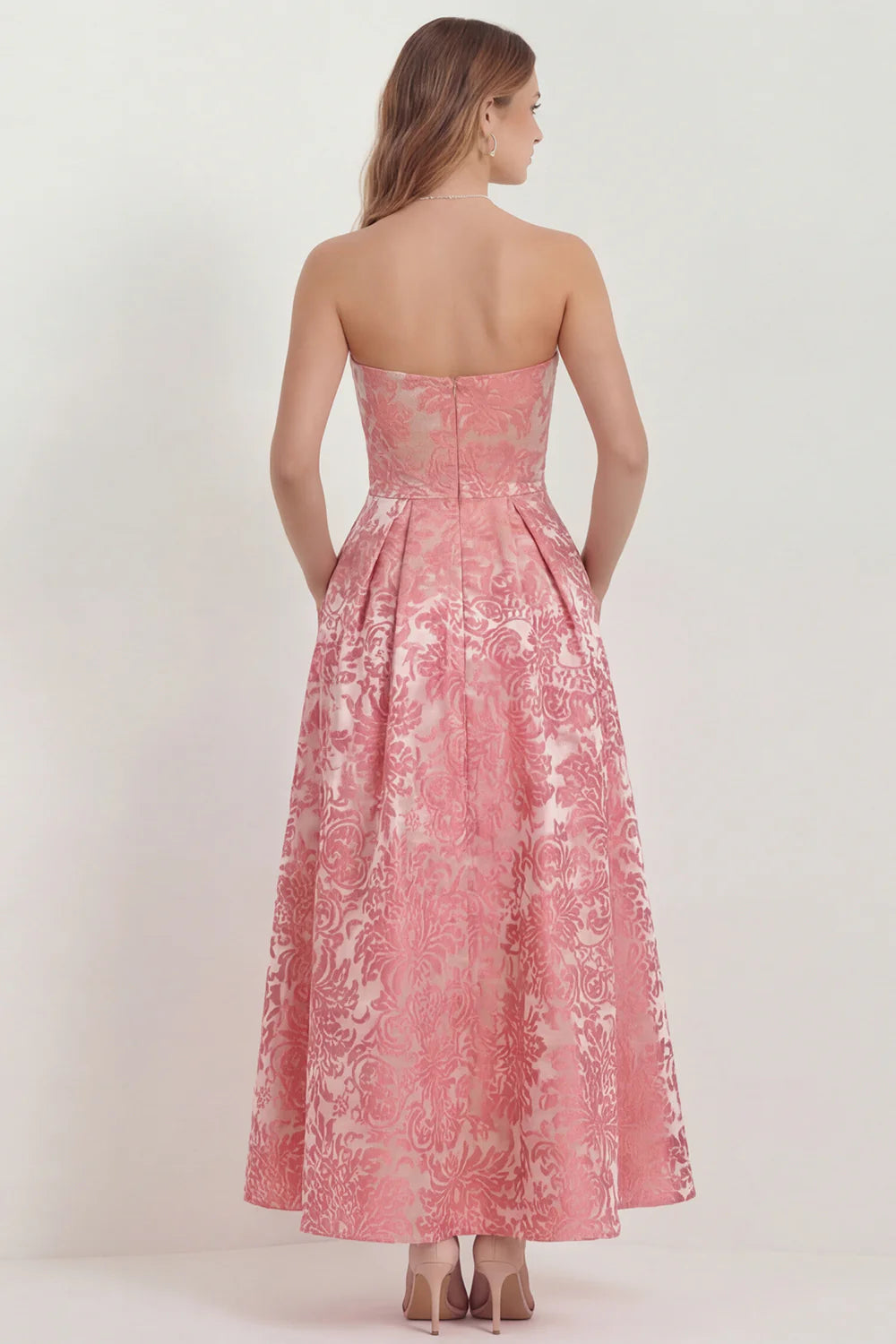 Strapless A Line Hot Pink Jacquard Midi Wedding Guest Dress with Pockets