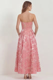 Strapless A Line Hot Pink Jacquard Midi Wedding Guest Dress with Pockets