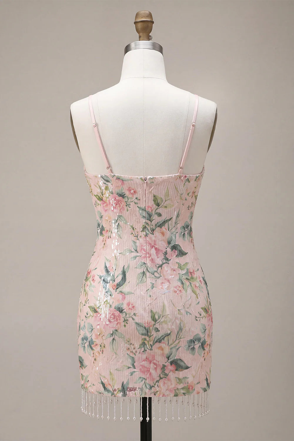 White Pink Flower Bodycon Fringed Sequin Homecoming Dress with Scarf