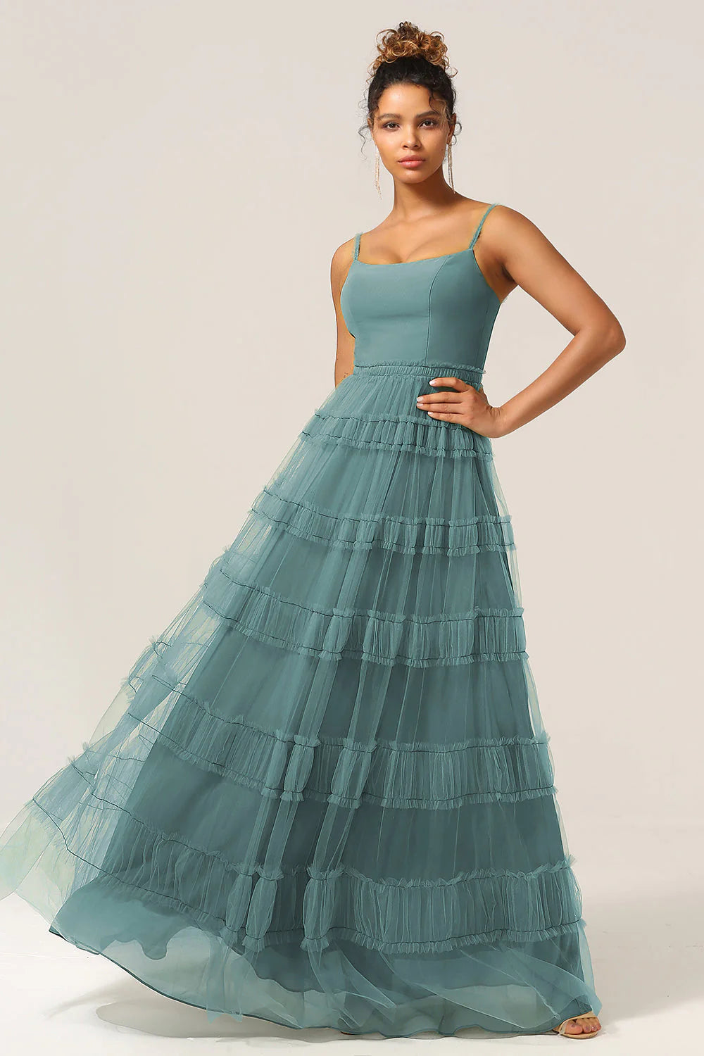 Peacock A Line Spaghetti Straps Tiered Tulle Long Bridesmaid Dress