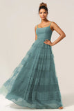 Peacock A Line Spaghetti Straps Tiered Tulle Long Bridesmaid Dress