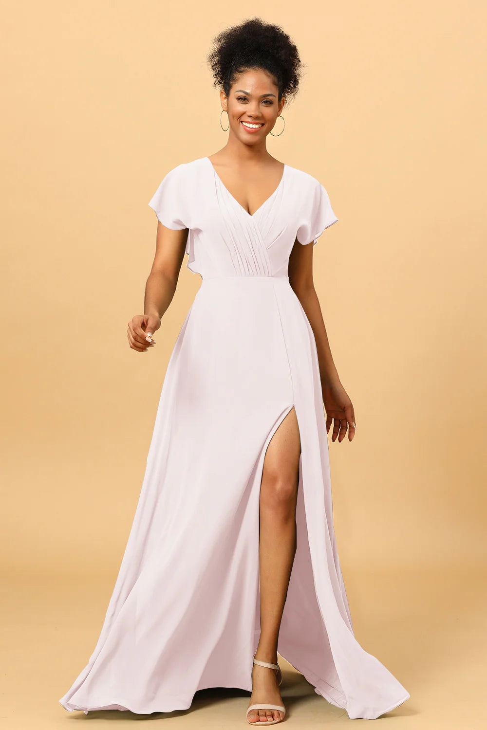 A Line V Neck Ruched Chiffon Bridesmaid Dress with Slit