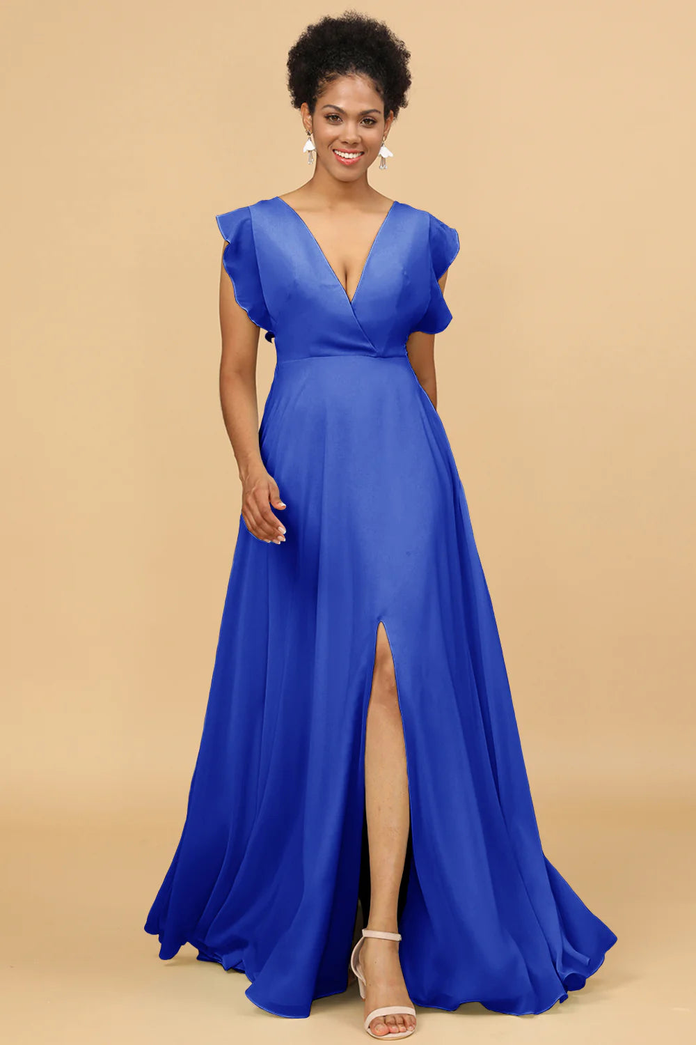 A Line V Neck Floor Length Chiffon Bridesmaid Dress with Slit