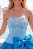 Beaded A Line Strapless Blue Homecoming Dress with Bow