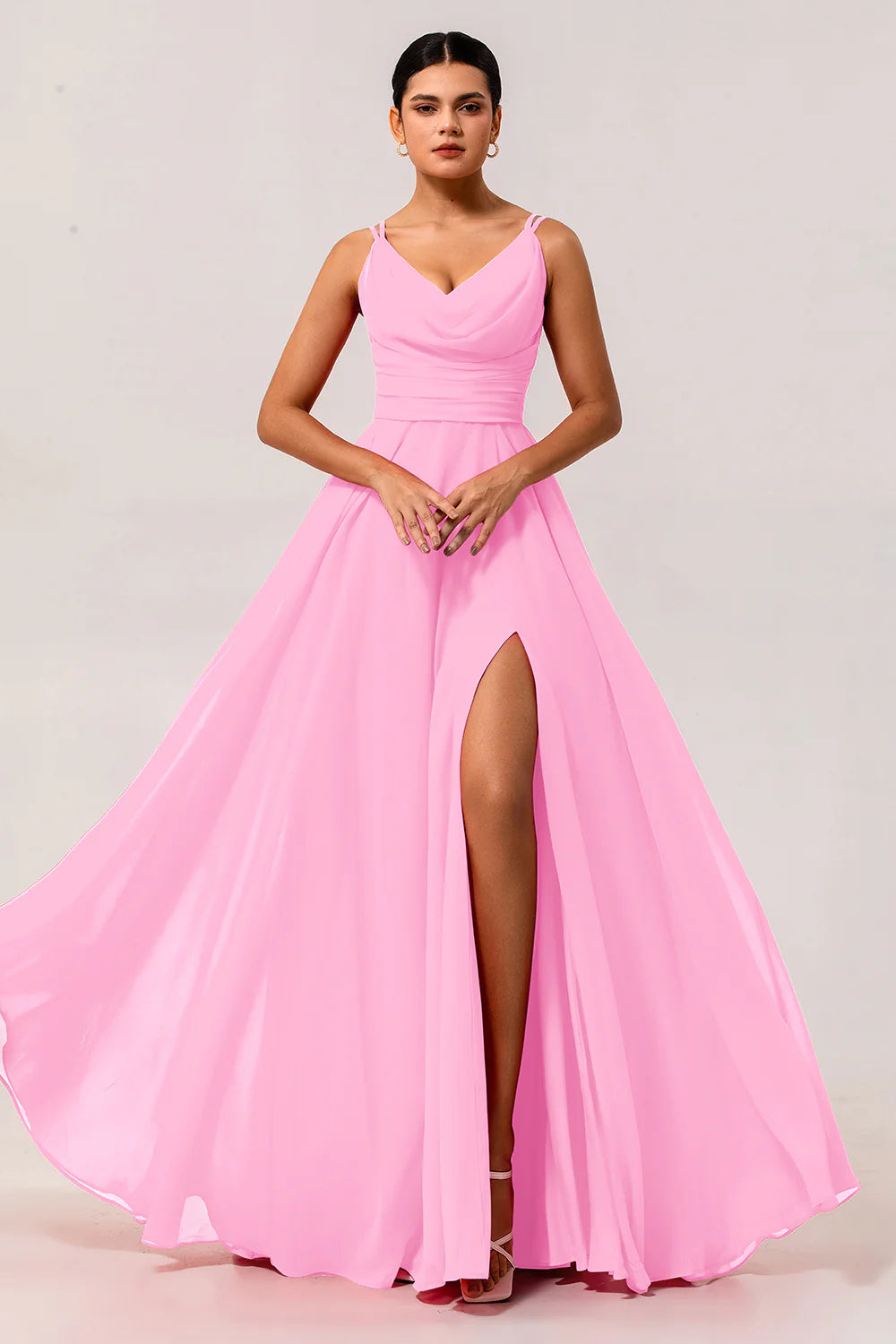 Hot Pink A Line Cowl Neck Chiffon Long Bridesmaid Dress with Slit