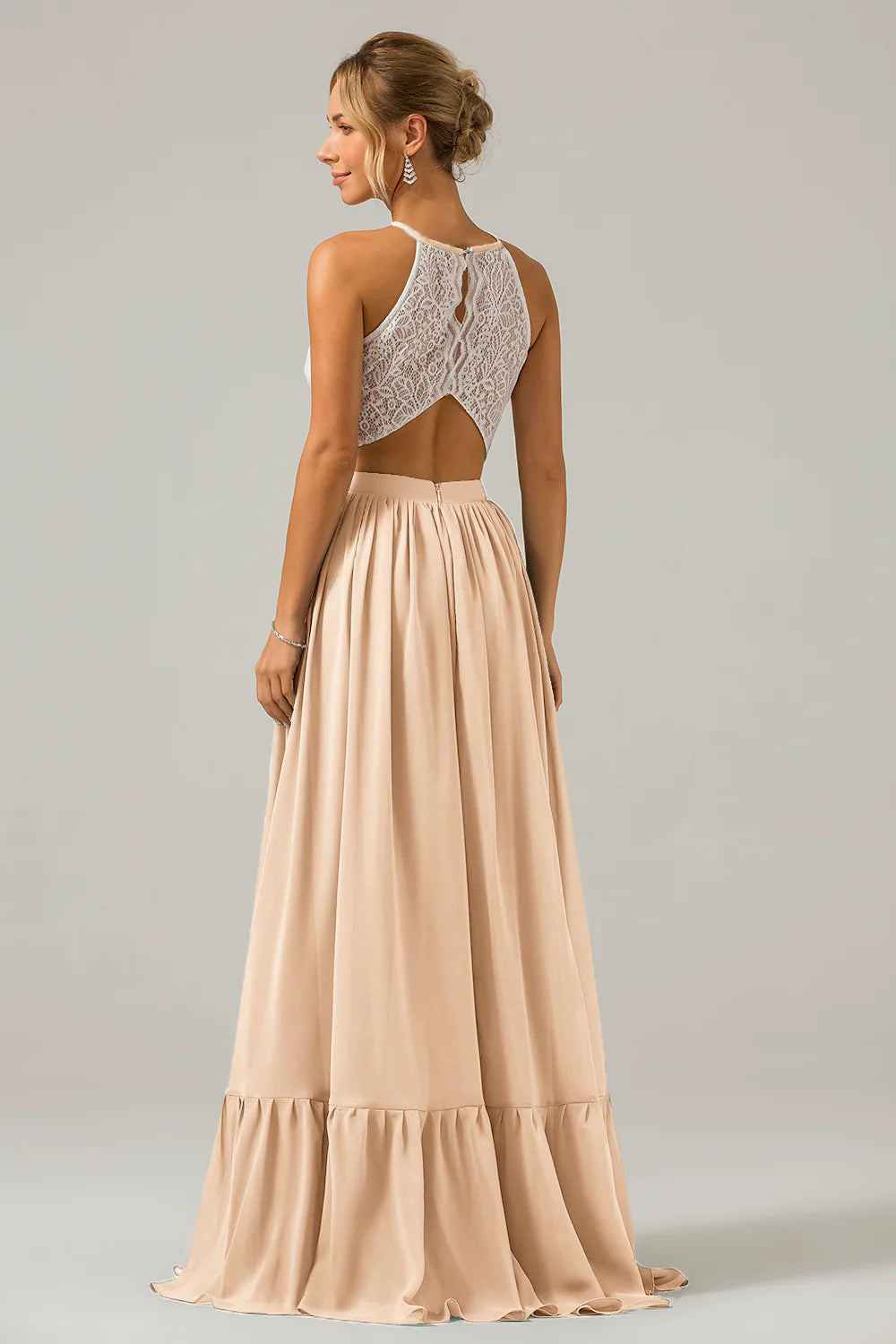 A Line Halter Pleated Keyhole Chiffon Bridesmaid Dress With Lace