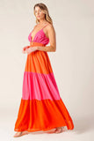 REGAL SUNRISE PINK RED COLOR BLOCKED MAXI DRESS