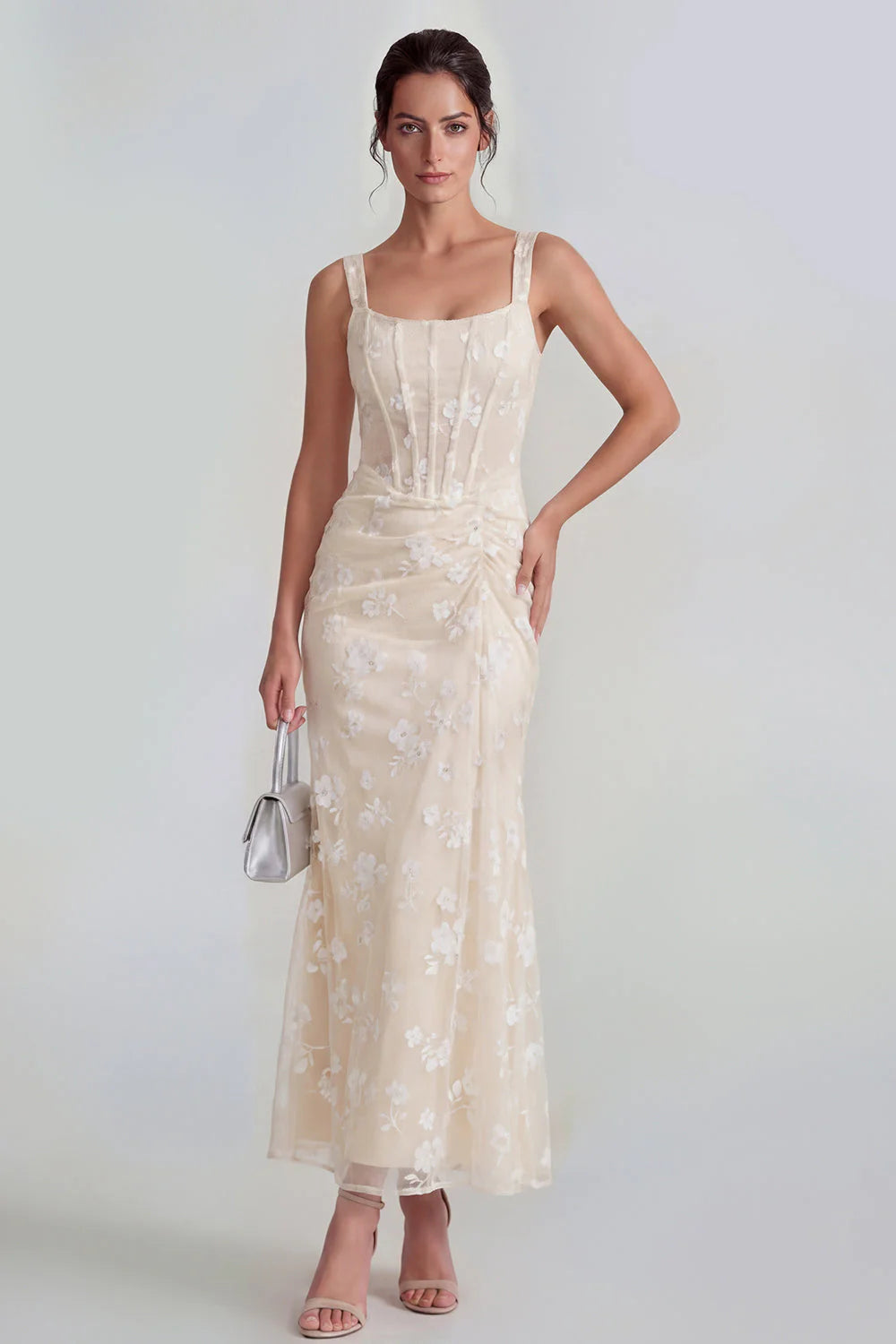 Floral Pink Ruched Mermaid Corset Wedding Guest Dress
