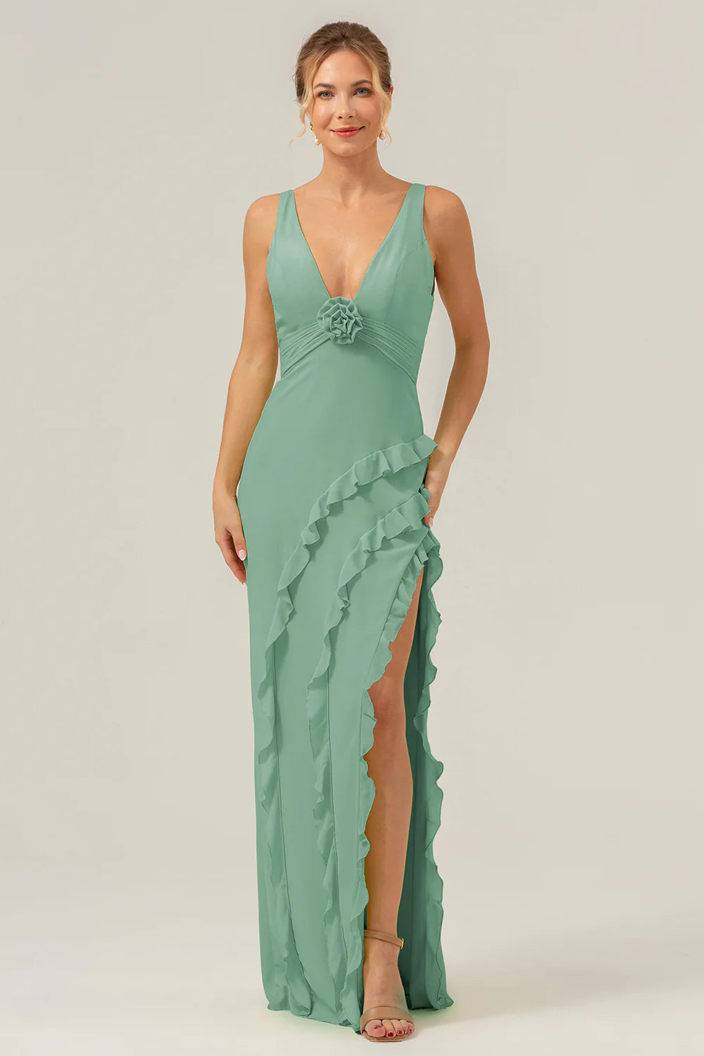 Burgundy Sheath V Neck Floral Open Back Bridesmaid Dress with Ruffle Slit