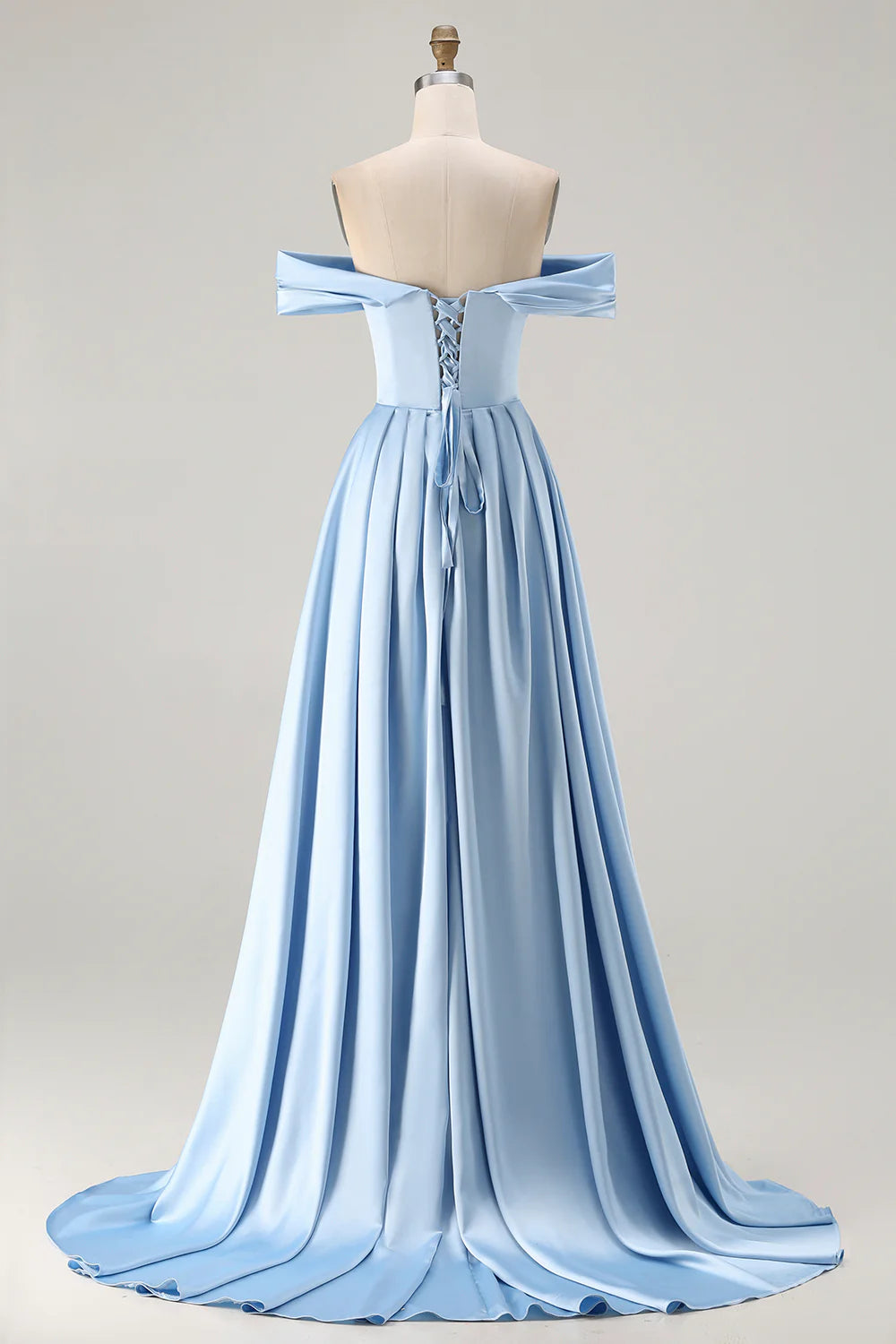 Off the Shoulder A Line Blue Satin Long Bridesmaid Dress with Slit
