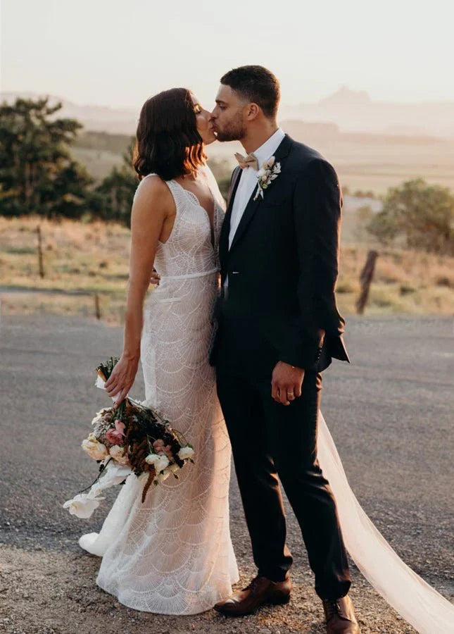 Bohemian Lace wedding Dresses Mermaid V Neck Backless Bridal Gowns