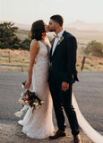 Bohemian Lace wedding Dresses Mermaid V Neck Backless Bridal Gowns