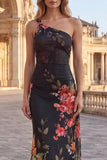 One Shoulder Cut Out Mermaid Floral Black Formal Dress
