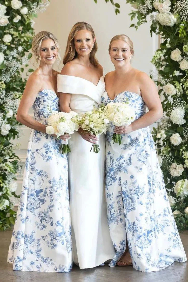 A line Strapless Printed Floarl Satin Long Bridesmaid Dresses