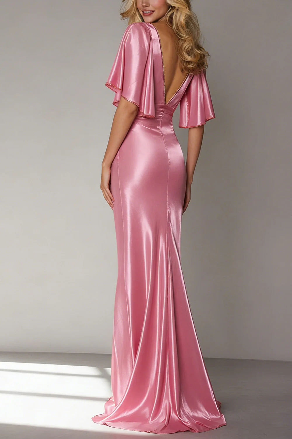 Pink Mermaid V Neck Satin Long Formal Dress with Sleeves